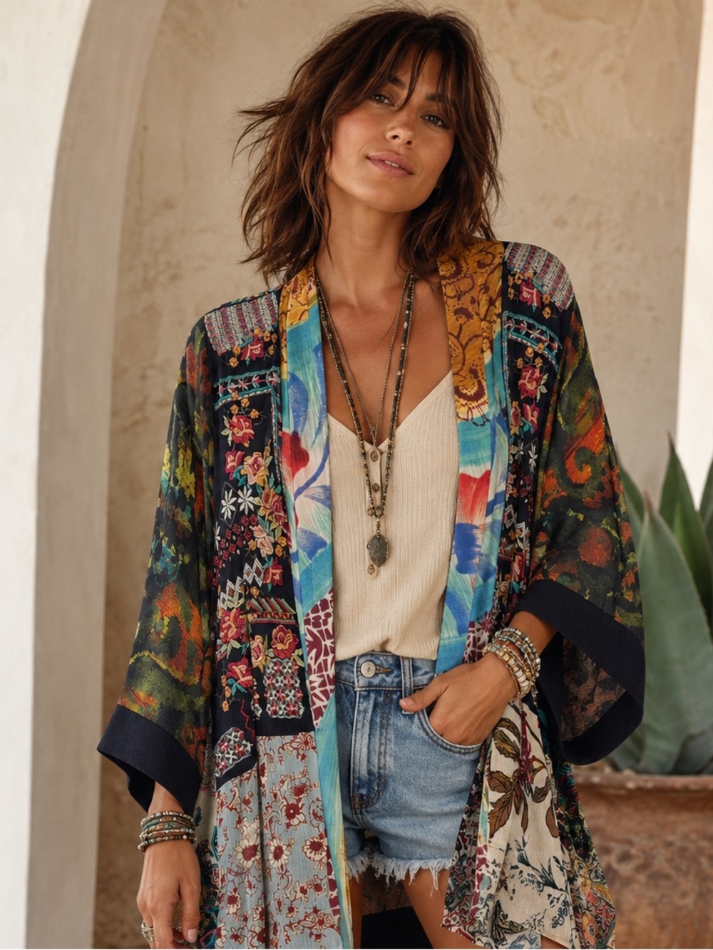 John Mark Floral Embroidered Patchwork Open Front Kimono/Cardigan Bohemian